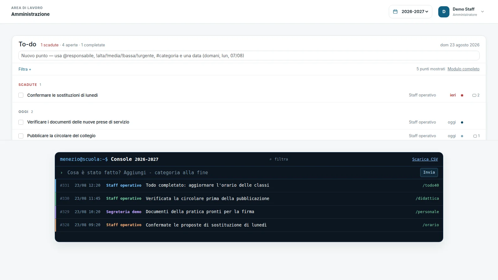 Interfacce reali con dati dimostrativi: responsabilità nel To-do, memoria condivisa nella Console.